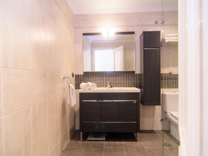 Bathroom with walk in shower, sink and toilet