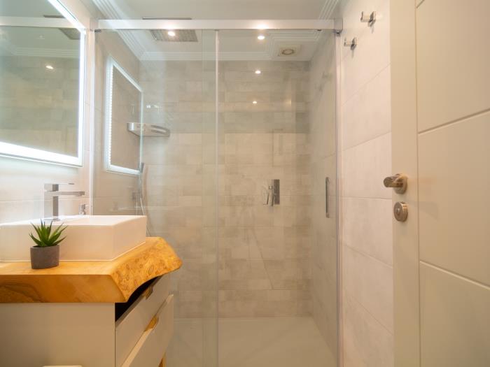 Bathroom, with a walk-in shower cabin, a rain head shower, sink, mirror, a window