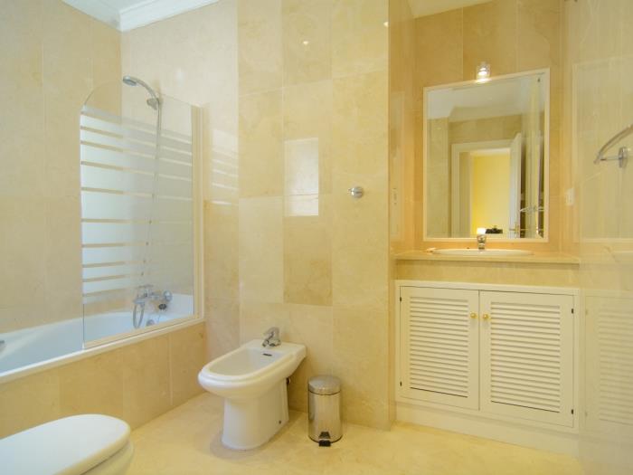 Bathtub with shower, sink, bidet and natural light