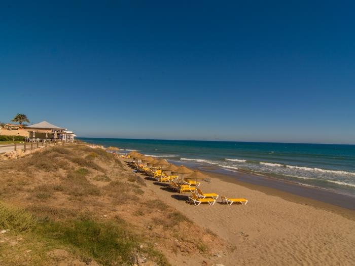 Chiringuitos and sun loungers on fine sand beach