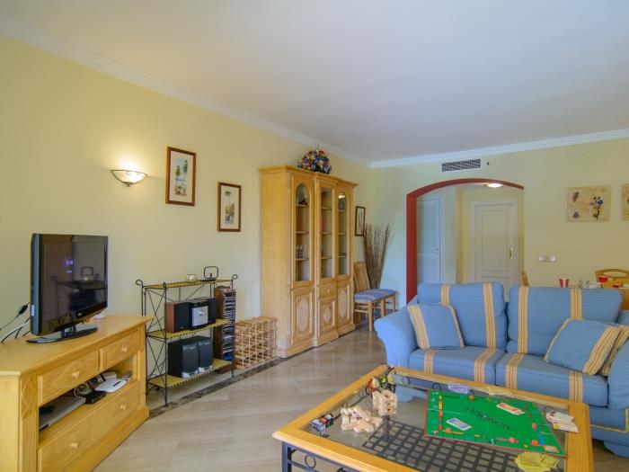 Flat screen TV, DVD and CD player, stereo system