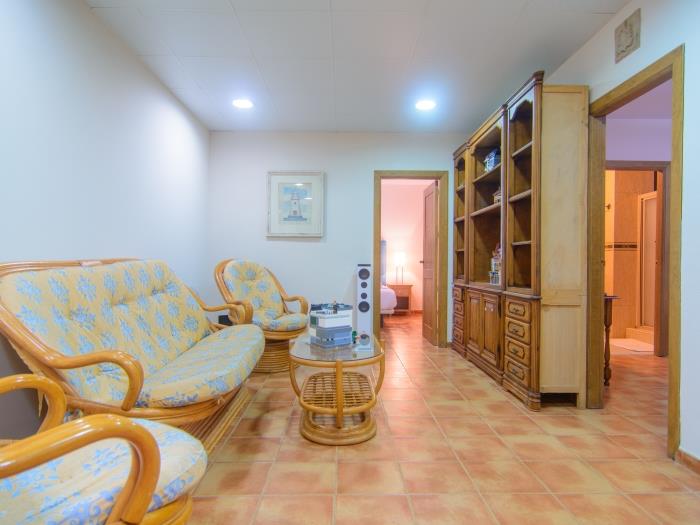Semi basement lounge room with comfortable sofa