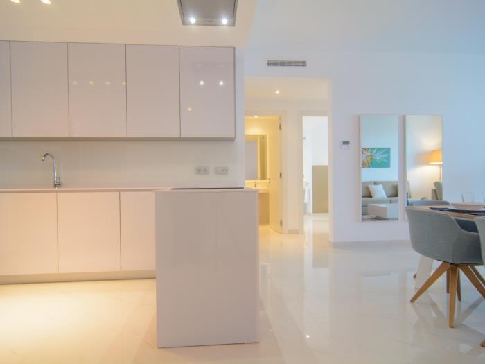 Open plan kitchen, neat design and marble tiles