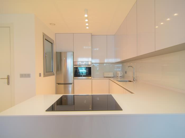 Fully equipped open plan kitchen with neat lines
