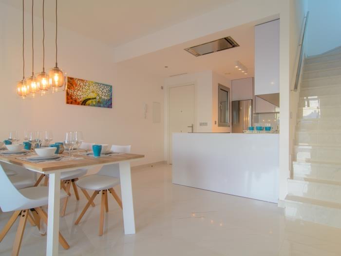 Open plan kitchen, neat design and marble tiles