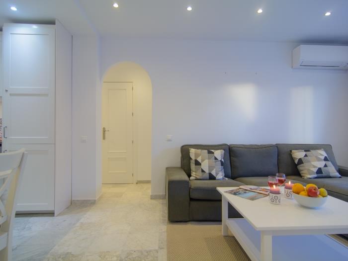 Sitting area with comfortable sofa, coffee table