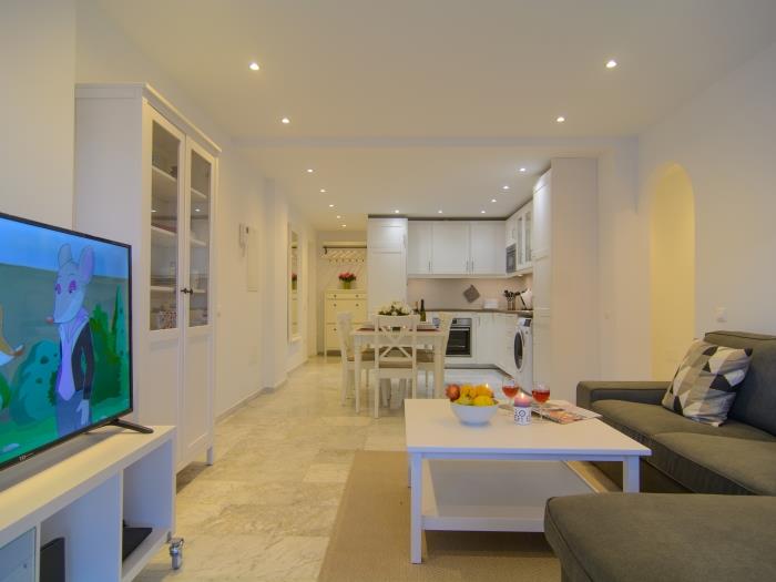 TV with IPTV channels, sofa and coffee table