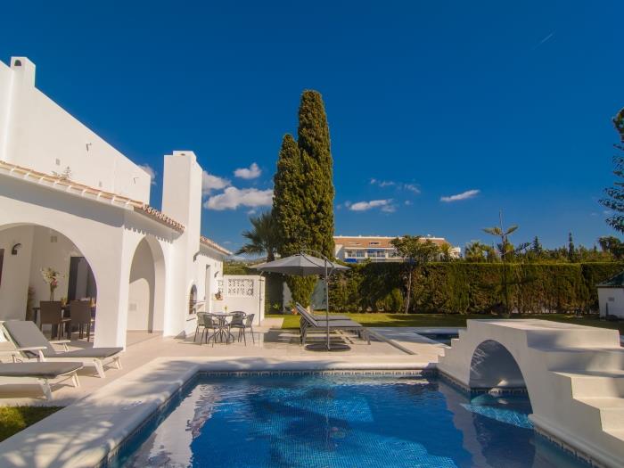 Private pool (50m2) with bridge and roman stairs , sun loungers, umbrella