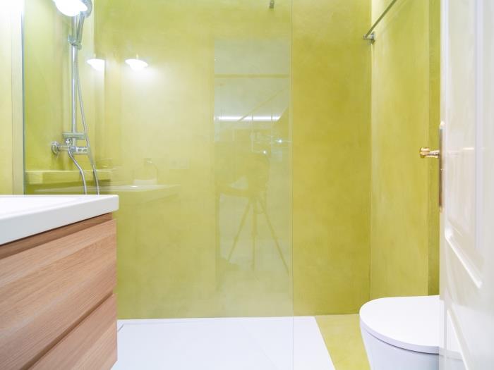 Bathroom with walk-in shower, rain head shower, toilet, sink