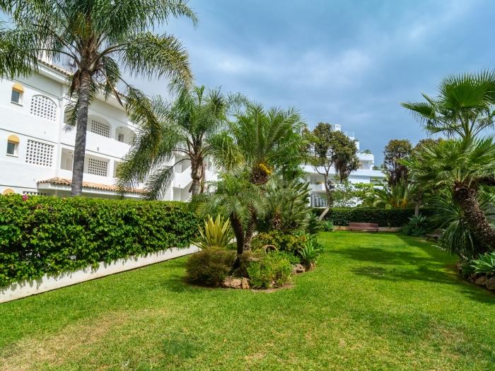 Beachside urbanization with manicured garden, Mediterranean vegetation communal pool