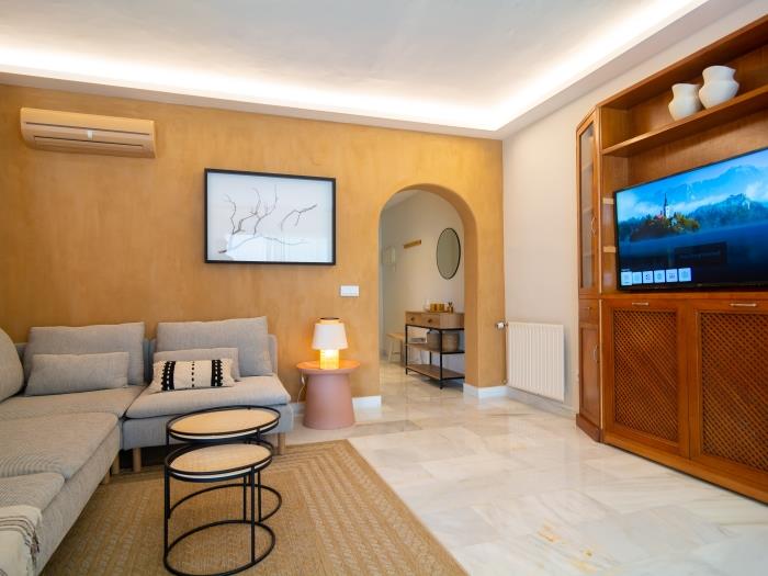 Sitting area with comfortable sofas, flat-screen TV, neat design